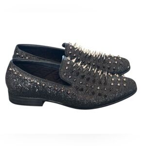 Moretti Black Label Gennaro Men’s Edgy Black Glitter Spiked Loafers Size 8